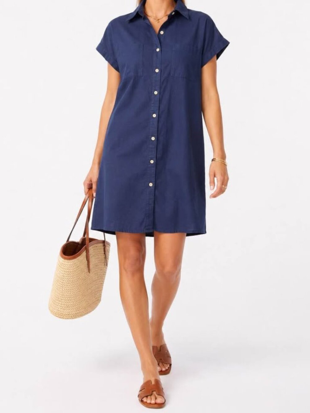 Button Front Patch Pocket Navy Cotton Summer Dress | Coastal Minimalist [size L]